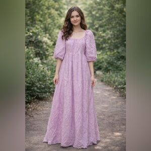 Lilac Eyelet smocked dress Puff Sleeve Maxi Dress eyelet embroidered dress